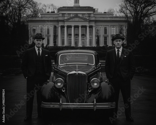 Standing in front of a classic car and an old mansion, two men in dark suits and ties project an air of formality and unease. photo