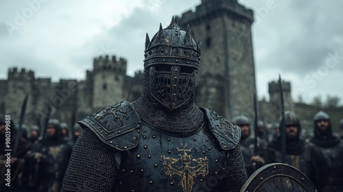 In front of a towering stone castle, a weathered knight in full armor commands his army, setting the stage for an intense medieval confrontation.