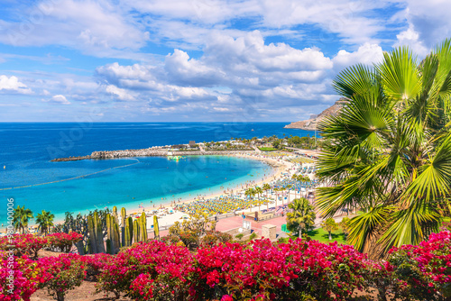 Amadores Beach in Gran Canaria, with turquoise waters, palm trees, and a relaxing atmosphere perfect for a tropical vacation or family getaway. photo