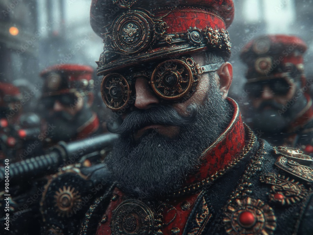 Obraz premium Close-up of a steampunk soldier in elaborate military attire, wearing intricate goggles and surrounded by comrades in a foggy atmosphere.