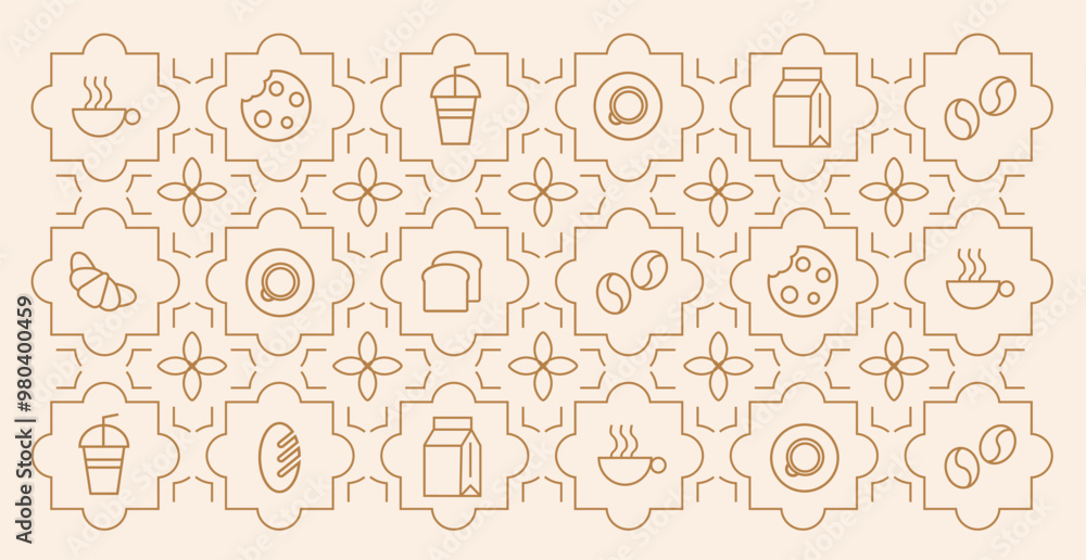 Hand drawn illustration of Bakery and Coffee. Icons. Abstract geometric line background. Gold luxury. Pattern for cover design, food package, menu, background, café wall, coffee shop, web banner Hand drawn illustration of Bakery and Coffee. Icons. Abstract geometric line background. Gold luxury. Pattern for cover design, food package, menu, background, café wall, coffee shop, web banner