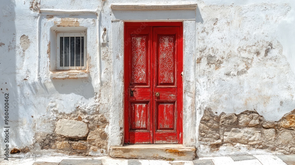 Fototapeta premium A red door with an intricate design, contrasting with the whitewashed walls of a vintage building.