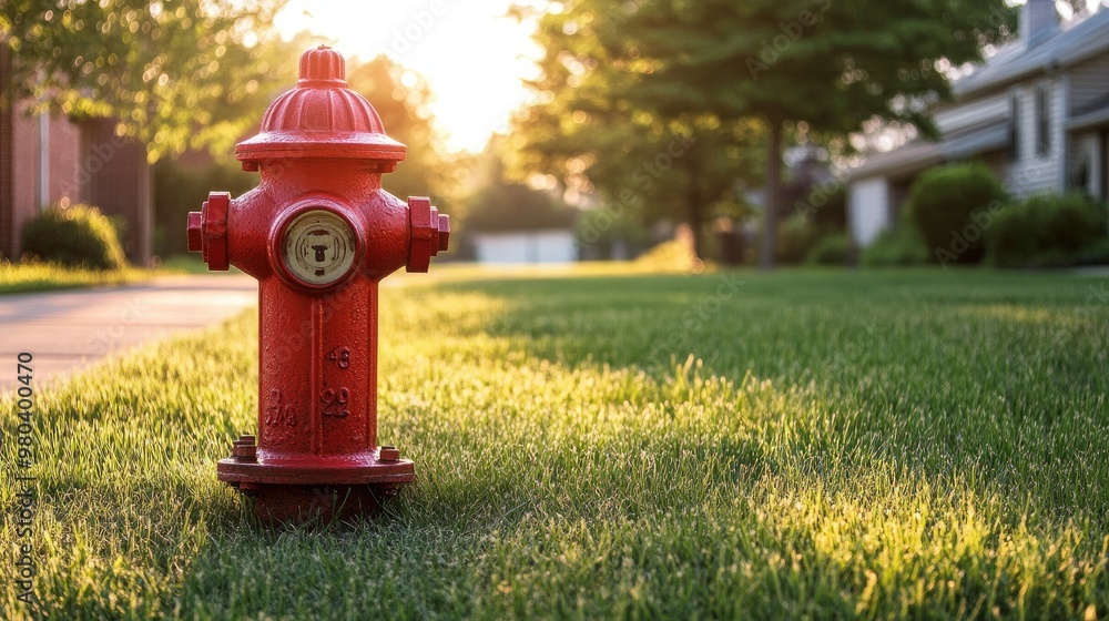 A red fire hydrant standing out against a green lawn in a quiet suburban neighborhood A red fire hydrant standing out against a green lawn in a quiet suburban neighborhood