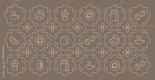 Hand drawn illustration of Bakery and Coffee. Icons. Abstract geometric line background. Gold luxury. Pattern for cover design, food package, menu, background, café wall, coffee shop, web banner