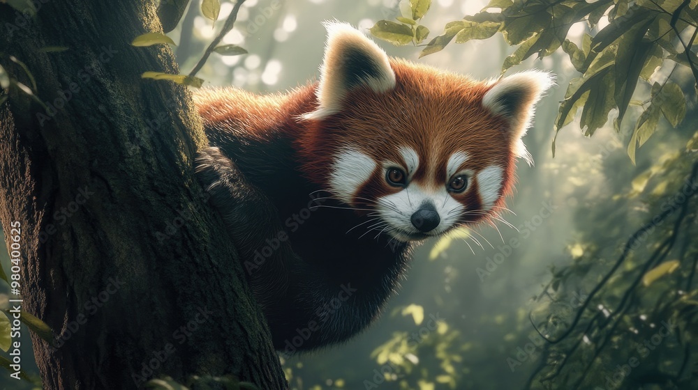 A red panda climbing a tree in a forest, highlighting its unique and charming appearance. A red panda climbing a tree in a forest, highlighting its unique and charming appearance.