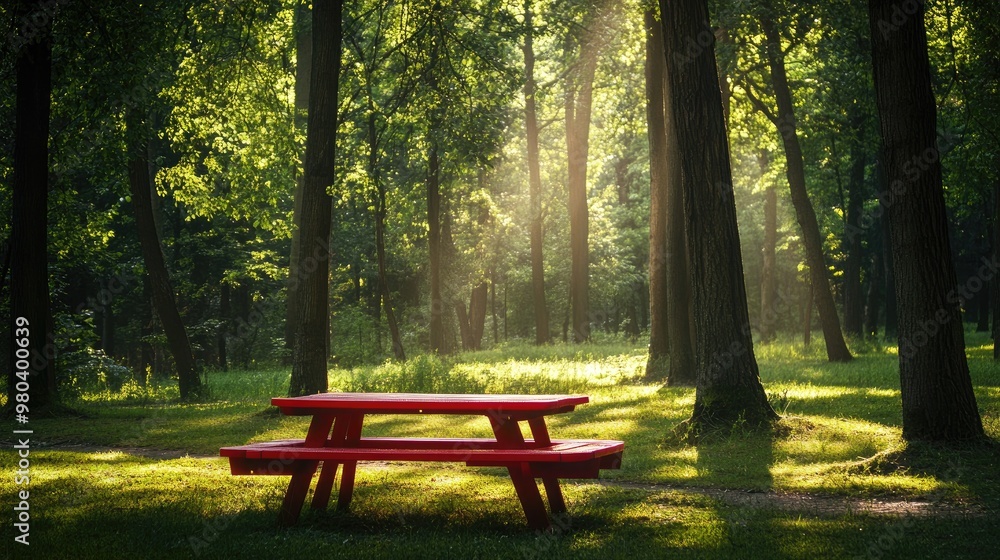 A red picnic table in a park, surrounded by tall trees with sunlight filtering through the leaves. A red picnic table in a park, surrounded by tall trees with sunlight filtering through the leaves.