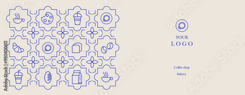 Hand drawn illustration of Bakery and Coffee. Icons. Abstract geometric line background. Gold luxury. Pattern for cover design, food package, menu, background, café wall, coffee shop, web banner