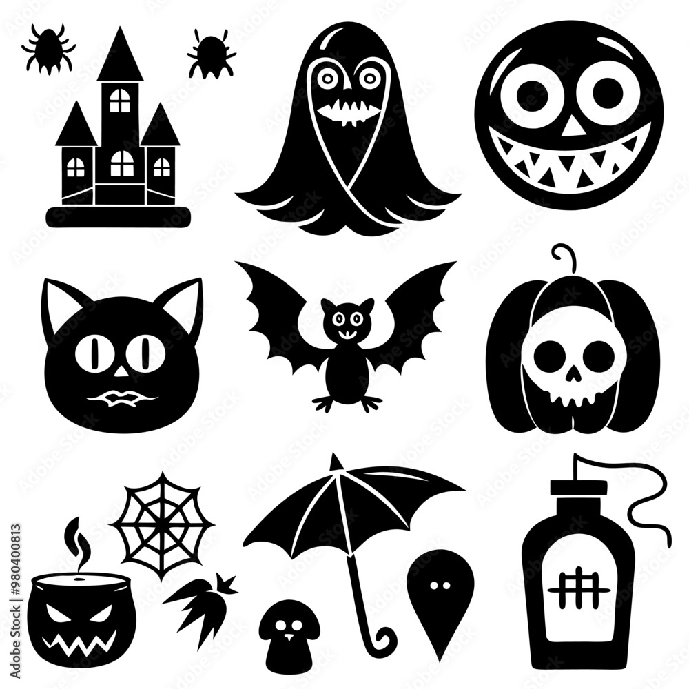 Obraz premium Halloween collection - Jack o'lantern, ghosts, spiders, broomstick, bats, witch hat, spiderweb black silhouettes. Illustration on transparent background