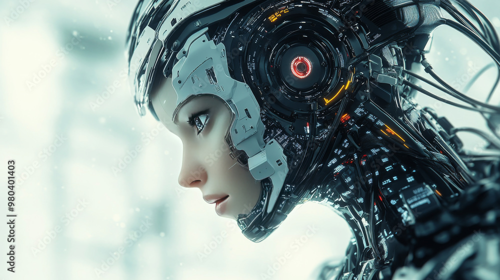 Cyborg or robot with protruding wires immersed in a stream of digital data. Stunning female cybernetic humanoid with artificial intelligence. Automaton or machine with AI handling data processing. Cyborg or robot with protruding wires immersed in a stream of digital data. Stunning female cybernetic humanoid with artificial intelligence. Automaton or machine with AI handling data processing.
