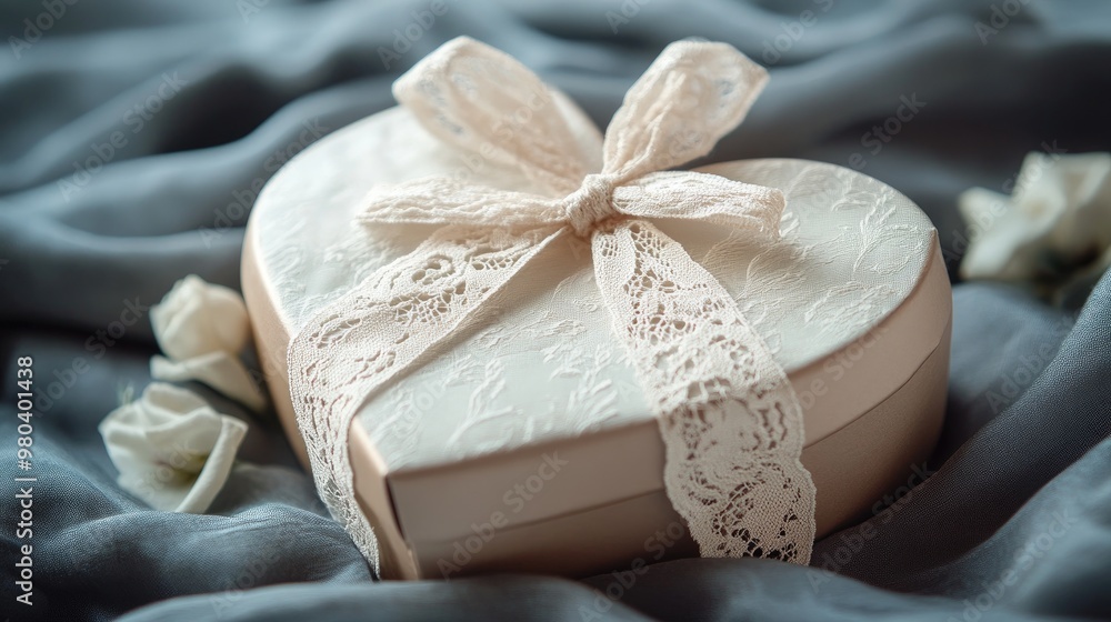 A small heart-shaped gift box with a delicate lace ribbon, perfect for a romantic occasion. A small heart-shaped gift box with a delicate lace ribbon, perfect for a romantic occasion.