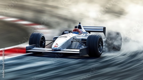 Create a detailed image of a sleek, modern racing car making a sharp turn on a racetrack.