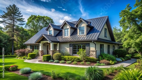 Gray house with black metal roof and shutters surrounded by lush greenery under a clear blue sky