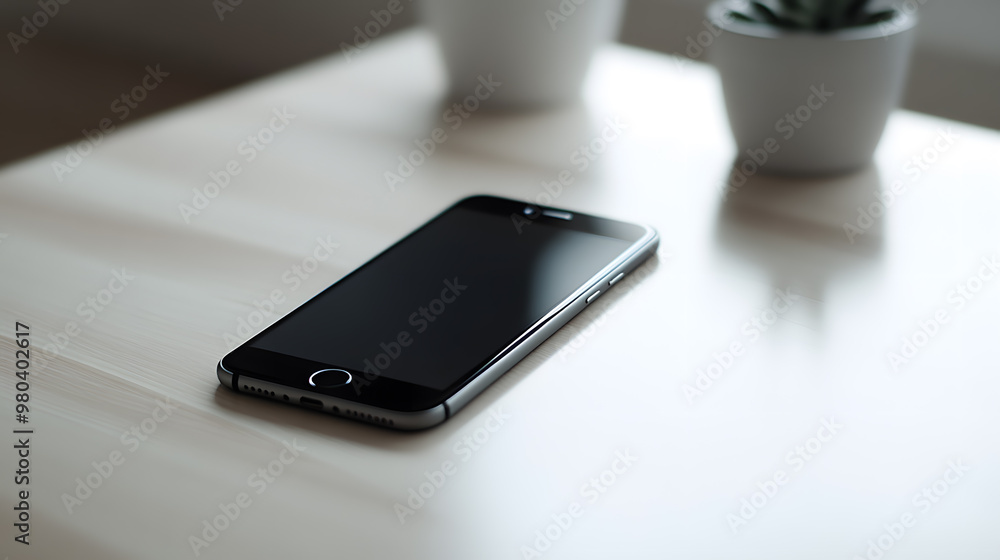 Modern smartphone lies on a wooden tabletop, with empty black screen. Modern smartphone lies on a wooden tabletop, with empty black screen.