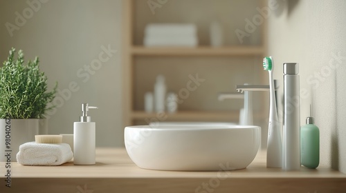 A serene bathroom scene featuring a white bowl sink, towels, plants, and toiletries, perfect for a modern home aesthetic.