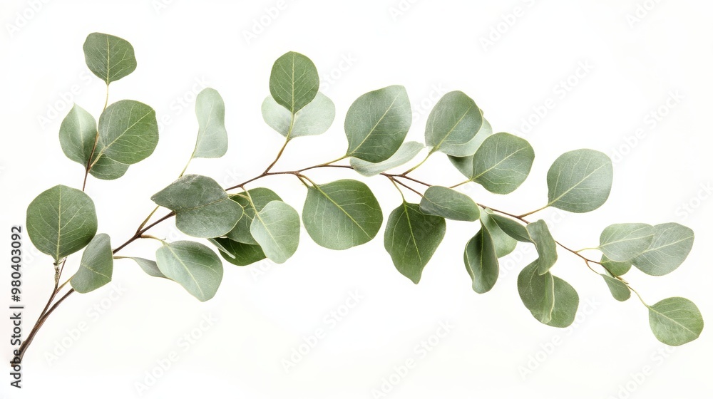 A single eucalyptus branch with soft green leaves gracefully rests against a clear background, highlighting its elegant form and natural beauty A single eucalyptus branch with soft green leaves gracefully rests against a clear background, highlighting its elegant form and natural beauty