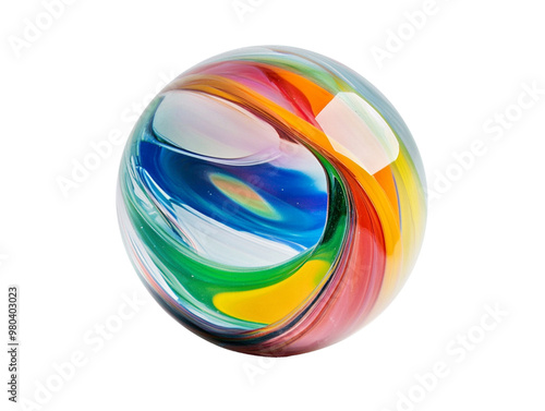 A glass marble with swirling colors inside, isolated on a transparent background.