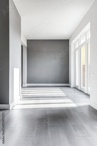 Bright and airy interior of a modern living space with light gray walls and wooden flooring in the afternoon sun