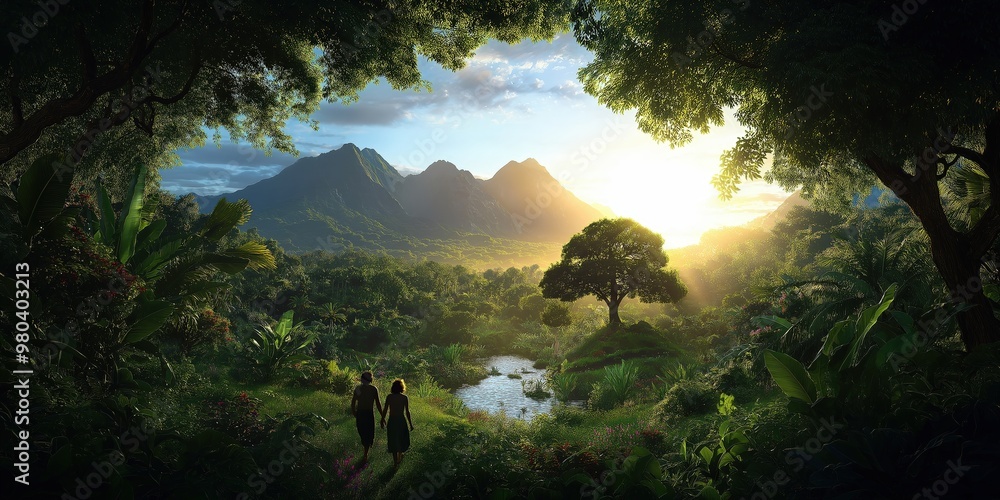 Obraz premium A wide-angle view of the entire Garden of Eden, filled with lush greenery, rivers, animals, and vibrant life