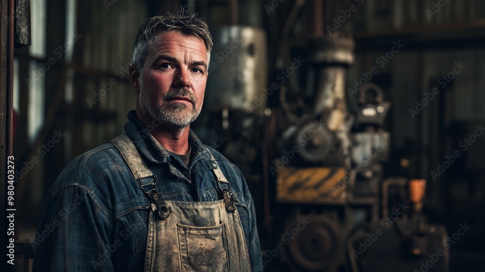 The factory worker, dressed in worn-out overalls, poses proudly in front of heavy, vintage machinery. Dim light highlights the textures, emphasizing the hardworking atmosphere The factory worker, dressed in worn-out overalls, poses proudly in front of heavy, vintage machinery. Dim light highlights the textures, emphasizing the hardworking atmosphere