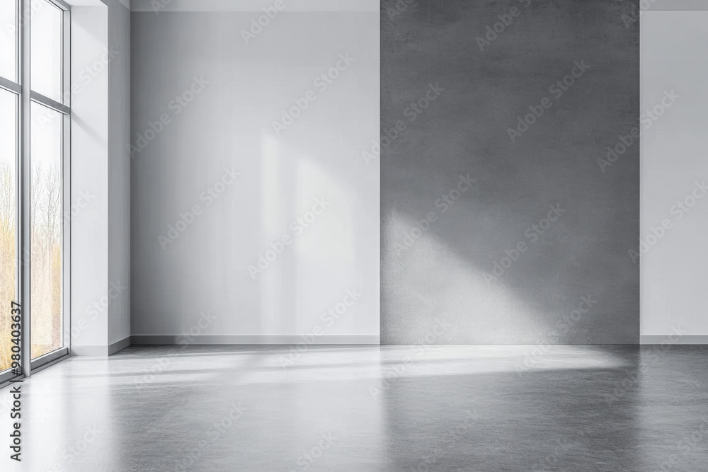Bright and spacious modern interior with large windows and polished concrete floor in a minimalist style Bright and spacious modern interior with large windows and polished concrete floor in a minimalist style