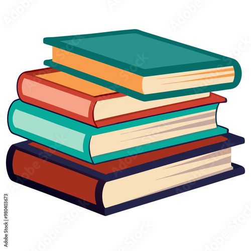 Collection of High book stacks and piles of hardcover books vector illustration, vector art of  Multi-colored Stack of textbooks open book on the top.