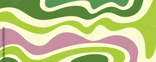 Green Grioovy psychedelic wave background for banner design. Retro 60s 70s psychedelic pattern. with copy space for text, for banner, greeting card, poster and advertising