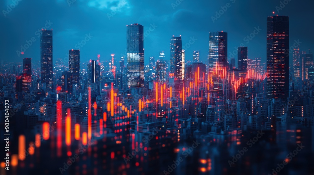 Fototapeta premium Digital display shows interest rate reduction and business communication, inventory management, planning and problem solving.