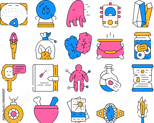 Magic Mystery Objects Collection Icons Set Vector. Sphere For Spiritism And Magic Cards, Ouija Board For Communicating With Spirits And Runes color Contour Illustrations