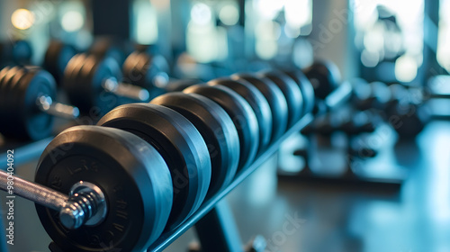 Empty Sport gym interior with Exercise equipment is neatly arranged, bathed in natural light 