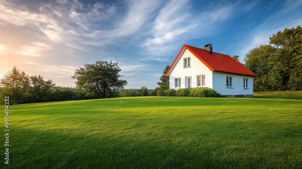 A small white house with a vibrant red roof is surrounded by a perfectly manicured green lawn, illuminated by sunlight under a clear blue sky A small white house with a vibrant red roof is surrounded by a perfectly manicured green lawn, illuminated by sunlight under a clear blue sky
