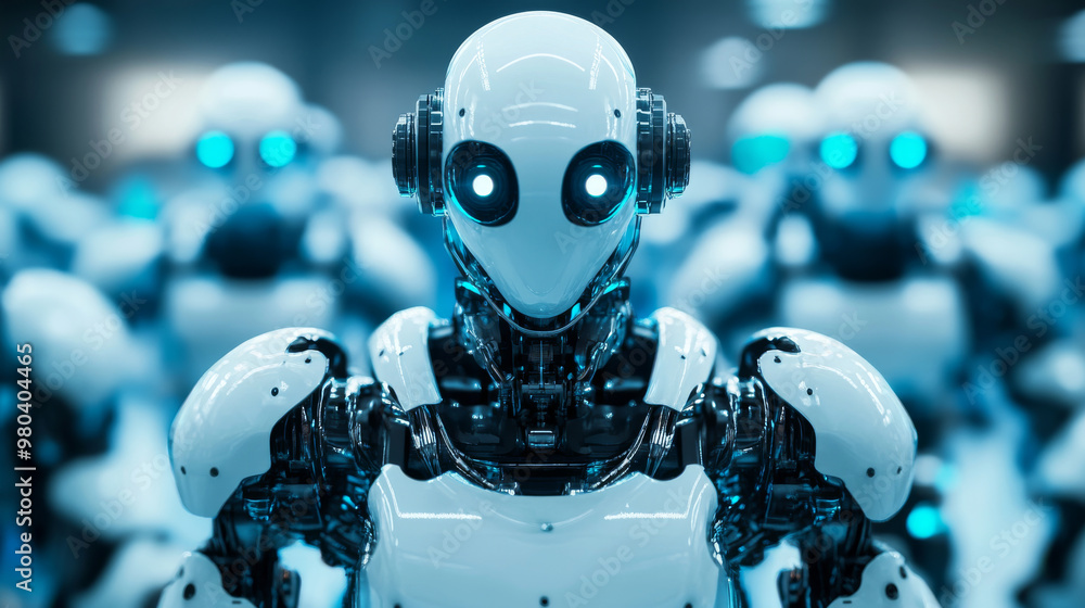 Robotic arms constructing a cyborg or humanoid robot in a factory. Engineering lab production of the body, head, and hands of artificial intelligence. Automated manufacturing line operations. Robotic arms constructing a cyborg or humanoid robot in a factory. Engineering lab production of the body, head, and hands of artificial intelligence. Automated manufacturing line operations.