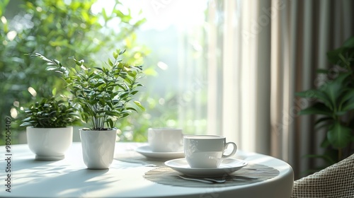 Morning Coffee on White Table with Green Plants and Window View