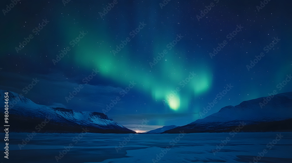 The Northern Lights at the night sky with vibrant hues of green, purple glowing The Northern Lights at the night sky with vibrant hues of green, purple glowing