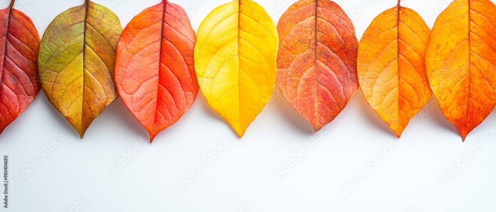 Fototapeta premium Colorful autumn leaves arranged in a line, showcasing vibrant hues of red, orange, yellow, and green against a clean white backdrop