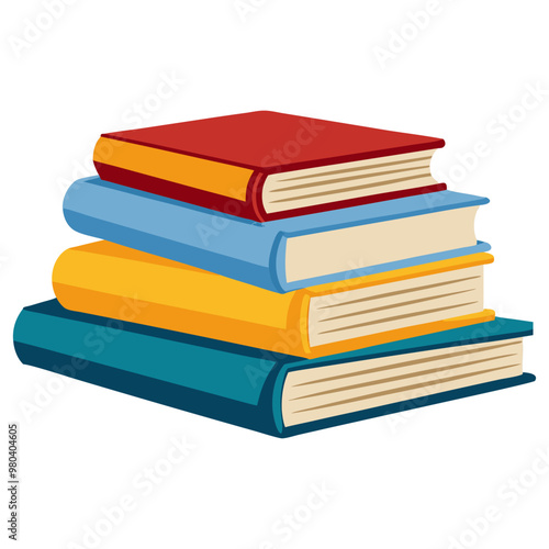 Collection of High book stacks and piles of hardcover books vector illustration, vector art of  Multi-colored Stack of textbooks open book on the top.