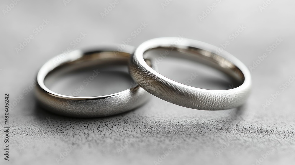 Two elegant silver wedding rings on a textured surface. Two elegant silver wedding rings on a textured surface.