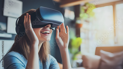 A girl wearing VR glasses stands in a modern room, her expression focused and immersed