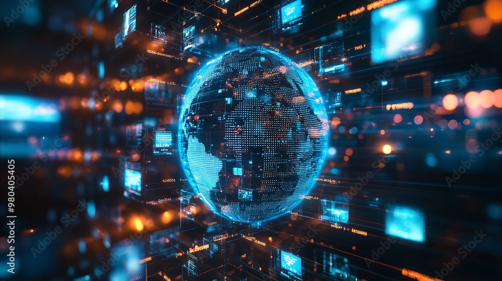 Illustration of a globe with digital connections, global marketing strategy, interconnected economy Illustration of a globe with digital connections, global marketing strategy, interconnected economy