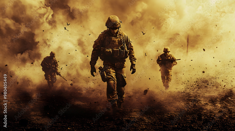 A dramatic war battle scene with soldiers in trenches, explosions lighting up the sky, smoke billowing, and chaos unfolding as troops clash amidst debris and gunfire A dramatic war battle scene with soldiers in trenches, explosions lighting up the sky, smoke billowing, and chaos unfolding as troops clash amidst debris and gunfire