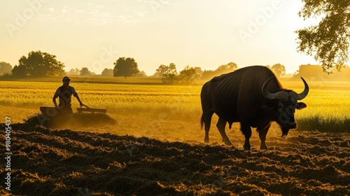 Wallpaper Mural Create a dynamic image of a buffalo plowing a field in early morning light Torontodigital.ca