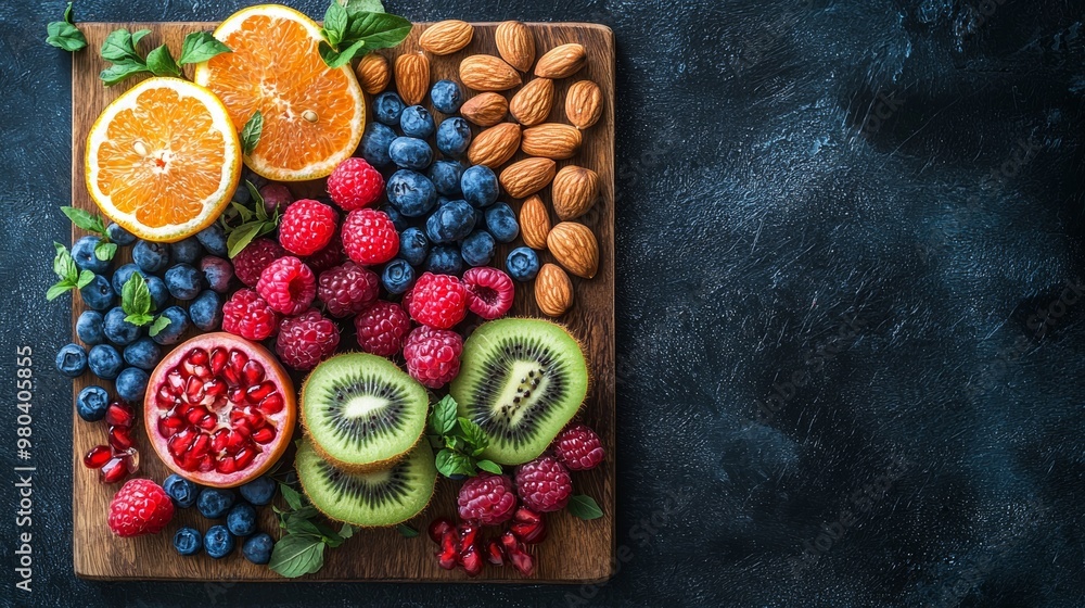 Fresh Fruit and Nuts on Wooden Board with Copy Space Fresh Fruit and Nuts on Wooden Board with Copy Space