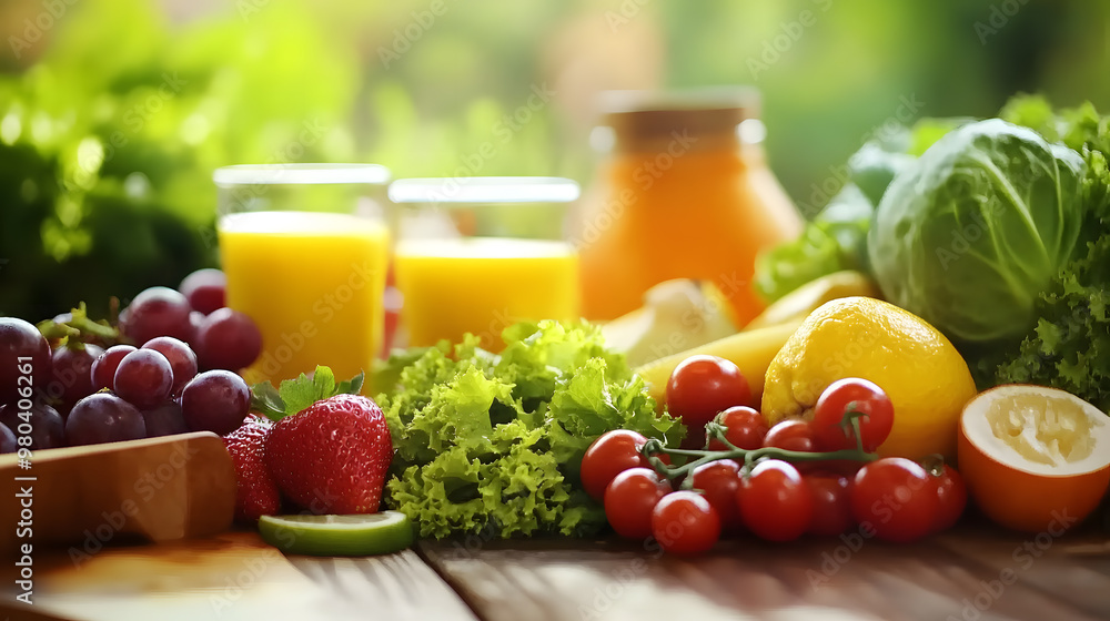 A vibrant assortment of fresh vegetables and fruits, including leafy greens, tomatoes, carrots, berries, apples, and citrus, beautifully arranged to showcase their colors, textures, and natural health A vibrant assortment of fresh vegetables and fruits, including leafy greens, tomatoes, carrots, berries, apples, and citrus, beautifully arranged to showcase their colors, textures, and natural health