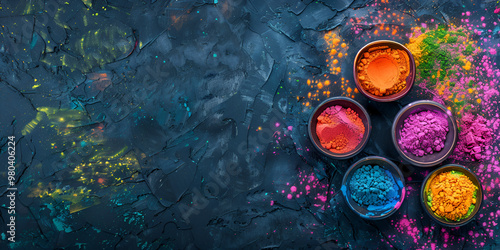 Colorful Holi Powder in Bowls on Dark Textured Background