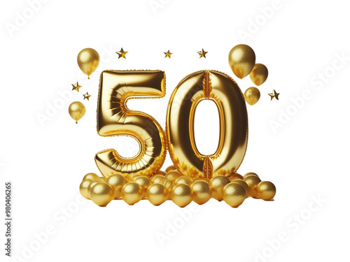 Golden balloon with the anniversary number 50 and stars on a transparent background photo