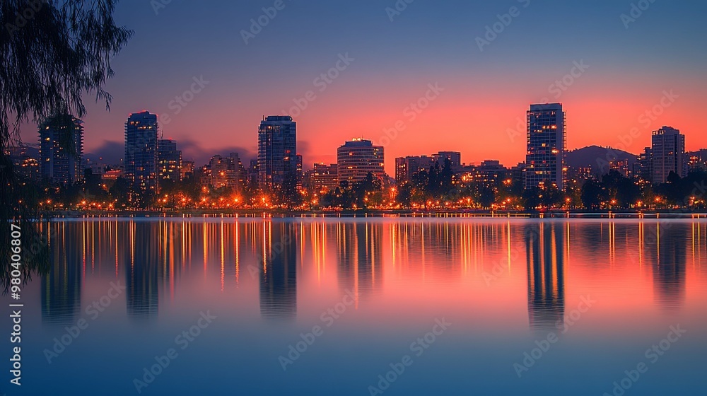 Cityscape with Buildings Reflected in a Calm Lake at Sunset Cityscape with Buildings Reflected in a Calm Lake at Sunset