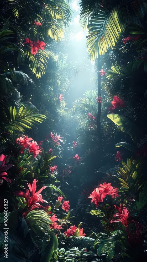 mystical nighttime rainforest scene bioluminescent plants glowing in darkness dense foliage exotic flowers misty atmosphere moonlight filtering through canopy magical and surreal mystical nighttime rainforest scene bioluminescent plants glowing in darkness dense foliage exotic flowers misty atmosphere moonlight filtering through canopy magical and surreal