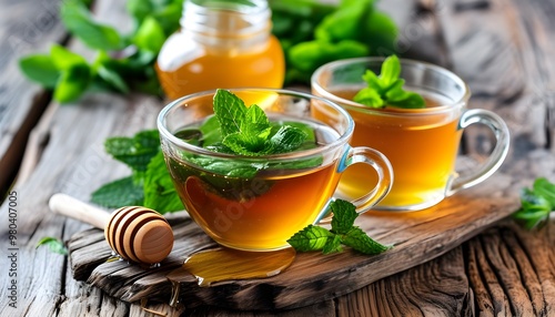 Refreshing herbal tea infused with mint leaves and sweetened with honey on a rustic wooden table photo