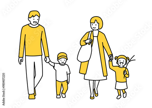 手をつないで歩く親子のイラスト＿父親・母親・子ども２人