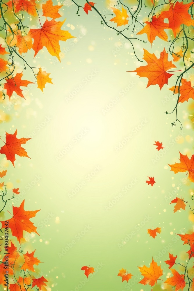 Autumn leaves in vibrant hues of orange and yellow framing a soft green background in a serene nature setting during fall Autumn leaves in vibrant hues of orange and yellow framing a soft green background in a serene nature setting during fall