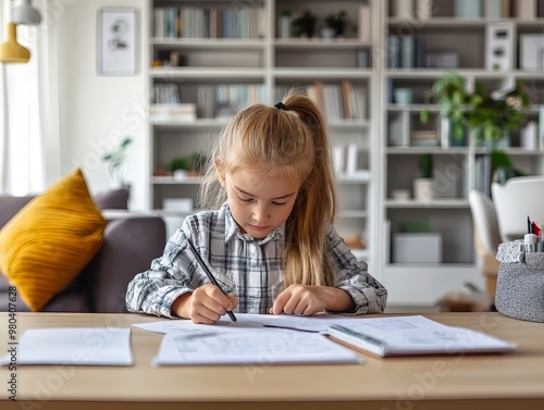 little schoolchild sitting at a desk in the living room, focused on doing mathematics homework, illustrating a dedicated learning environment for young students studying at home